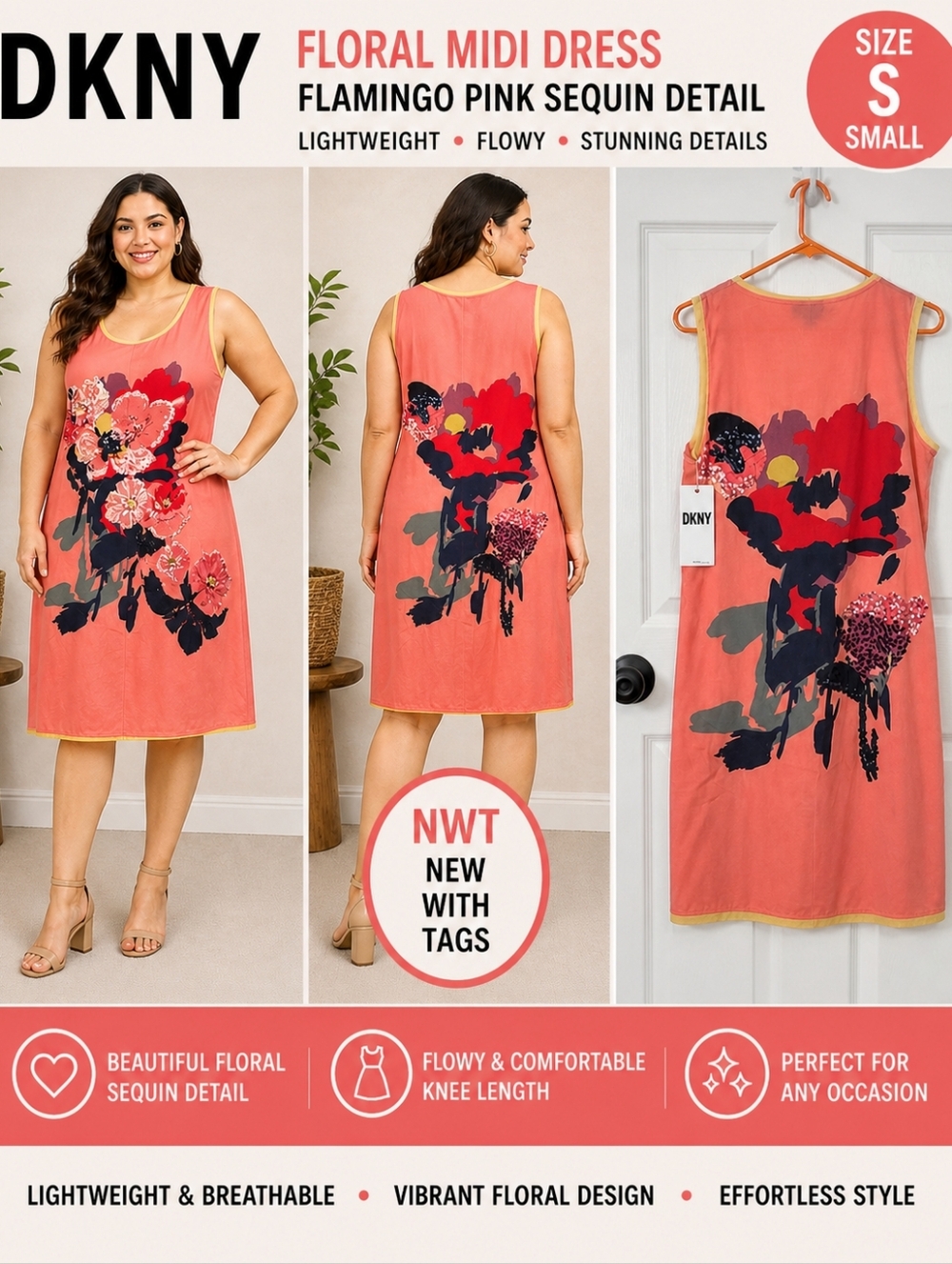 NWT DKNY Floral Strapless Flamingo Pink Sequin Midi Dress Size SMALL